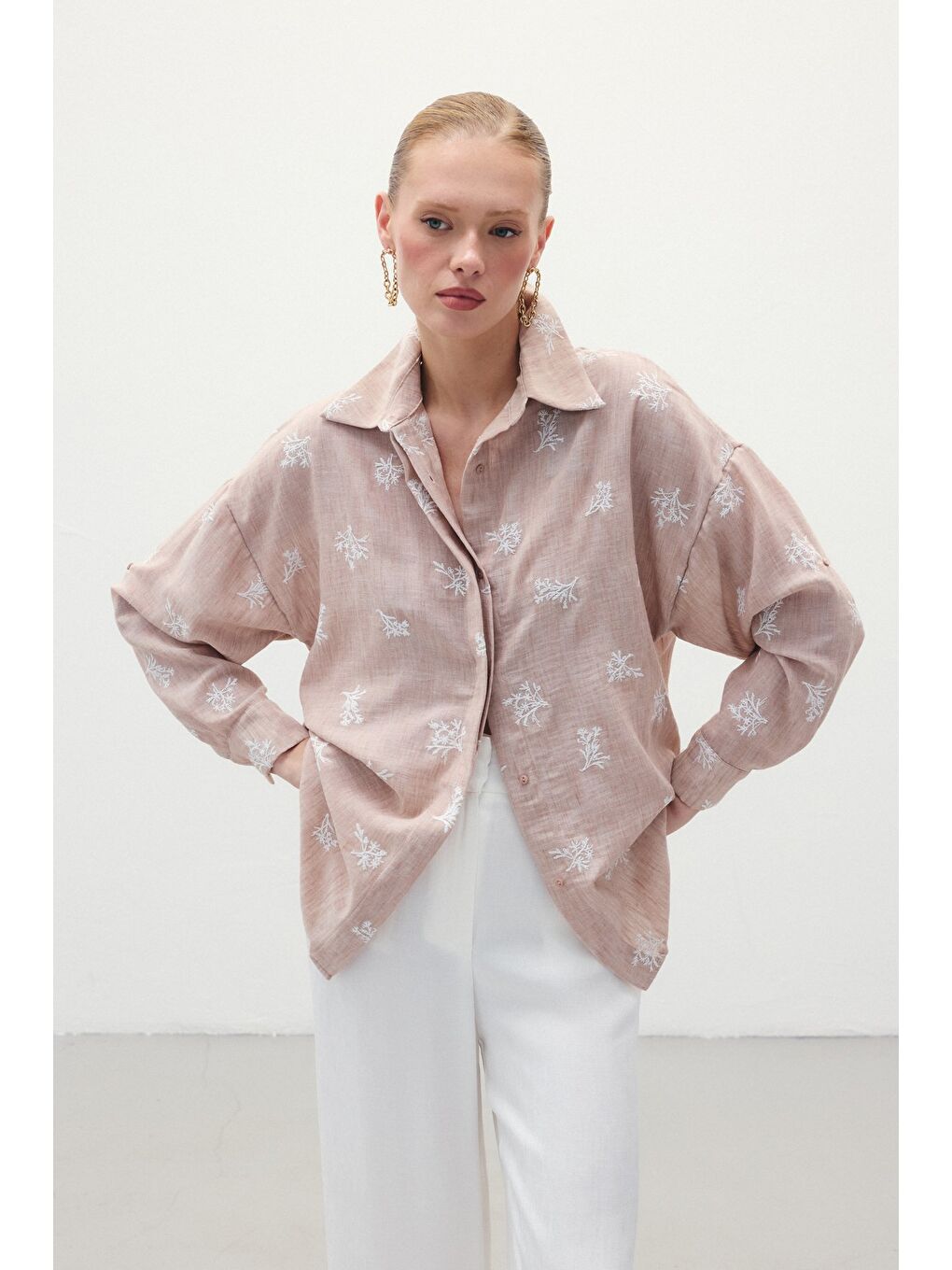 Pembe Salaş Nakışlı Gömlek - Pudra-1