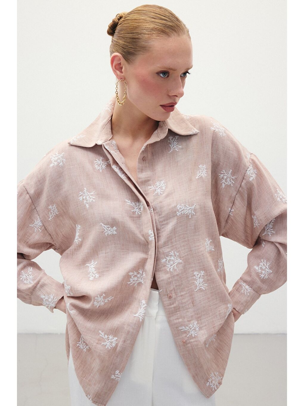 Pembe Salaş Nakışlı Gömlek - Pudra-2