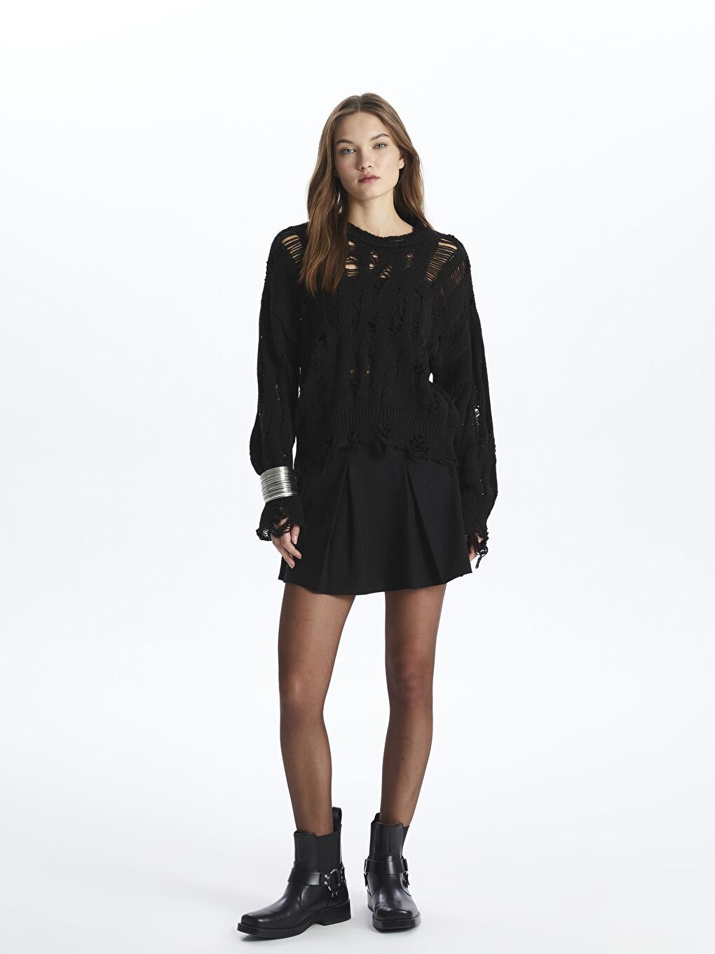 Siyah Bisiklet Yaka Sökük Detaylı Triko Kazak - Sicilya-1