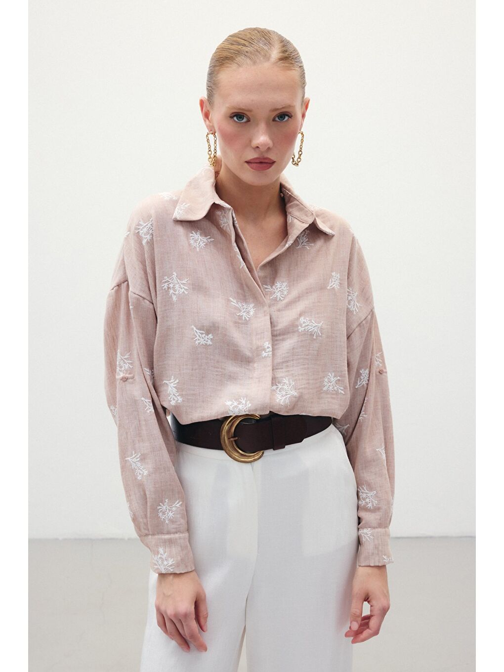 Pembe Salaş Nakışlı Gömlek - Pudra-3