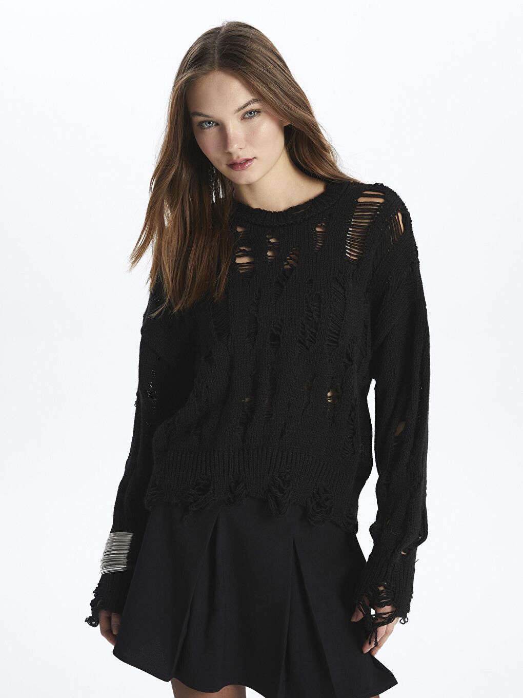 Siyah Bisiklet Yaka Sökük Detaylı Triko Kazak - Sicilya-2