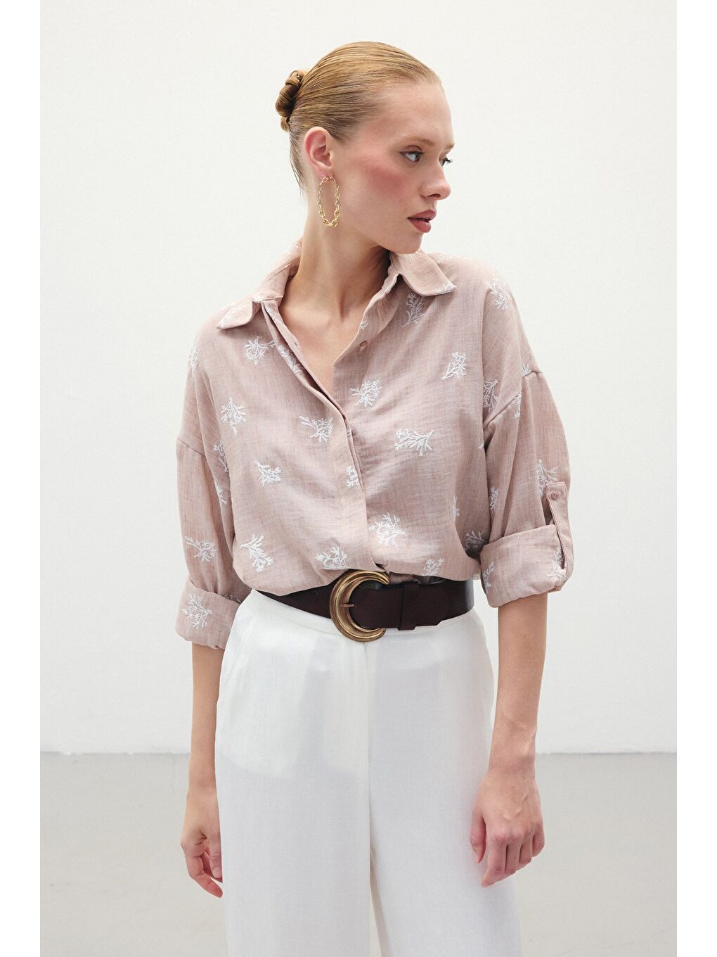 Pembe Salaş Nakışlı Gömlek - Pudra-4