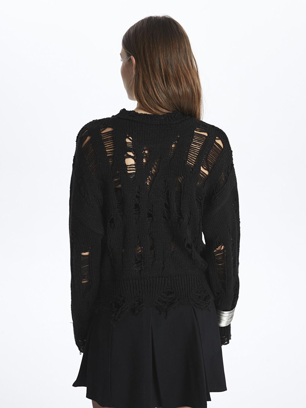 Siyah Bisiklet Yaka Sökük Detaylı Triko Kazak - Sicilya-4