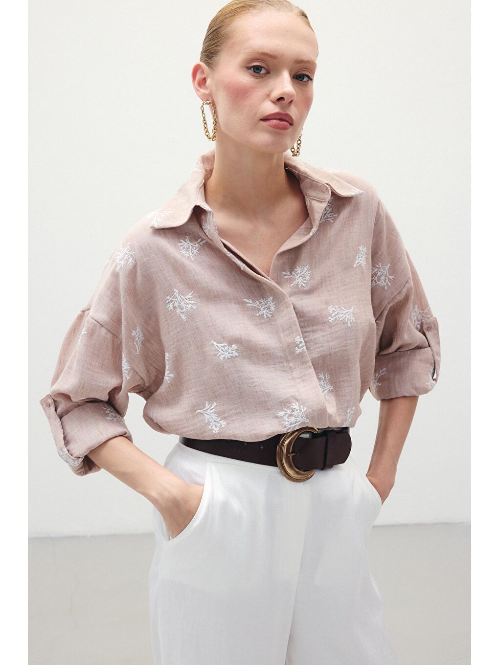 Pembe Salaş Nakışlı Gömlek - Pudra-5