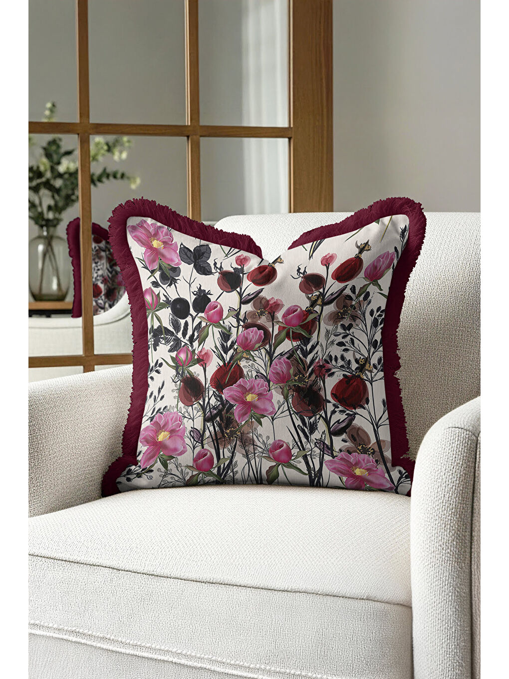 Karışık İhtişamlı Çiçek Bahçesi Saçaklı Yastık Kılıfı - Zarif Botanik Rustik Bordo Püsküllü Kırlent Kılıfı-1