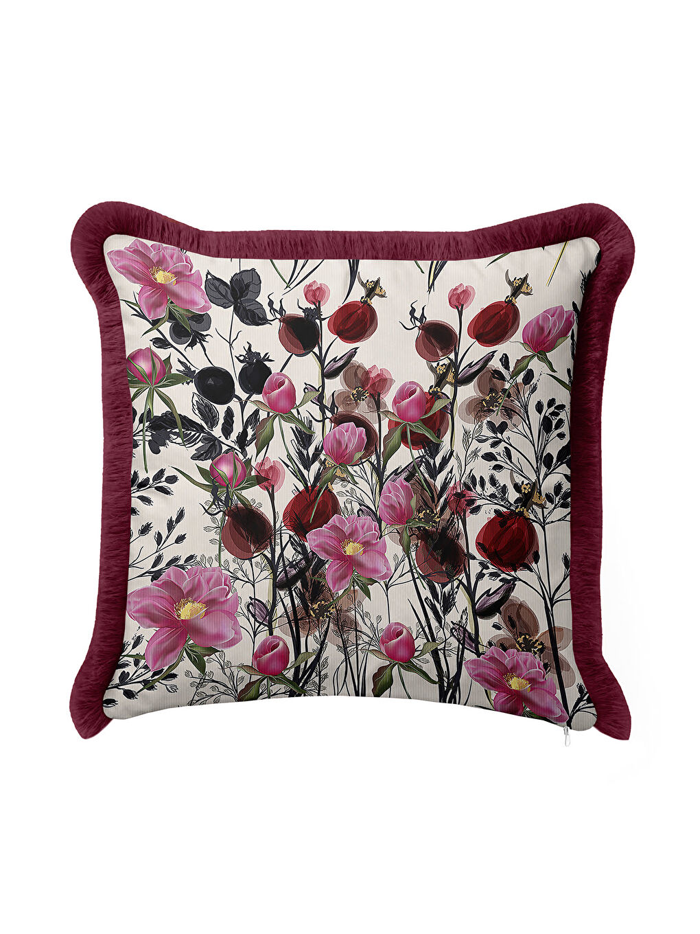 Karışık İhtişamlı Çiçek Bahçesi Saçaklı Yastık Kılıfı - Zarif Botanik Rustik Bordo Püsküllü Kırlent Kılıfı-2