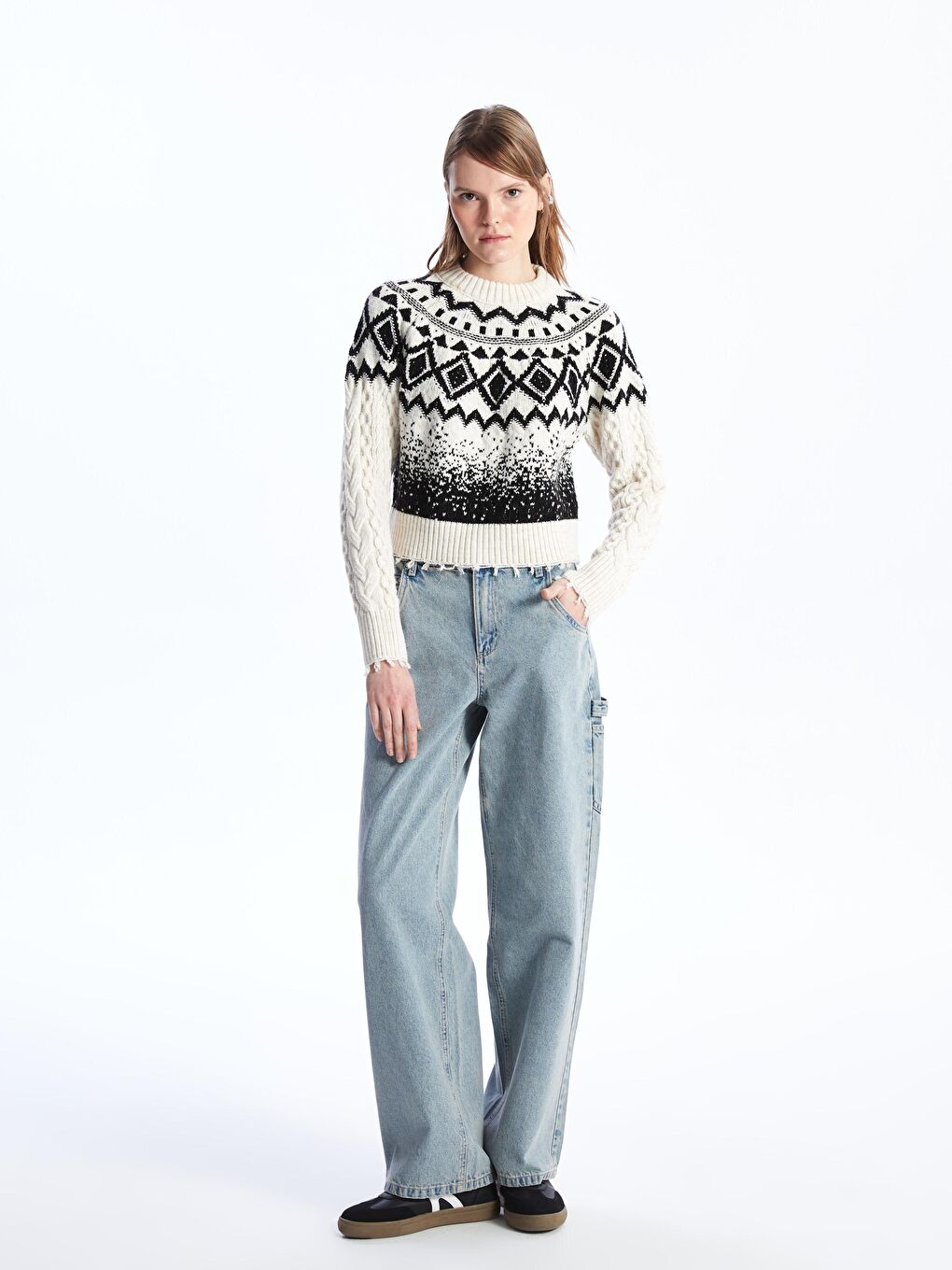 Milano - Bisiklet Yaka Yumuşak Dokulu Jakarlı Triko Kazak - Siyah-Beyaz Renk-1