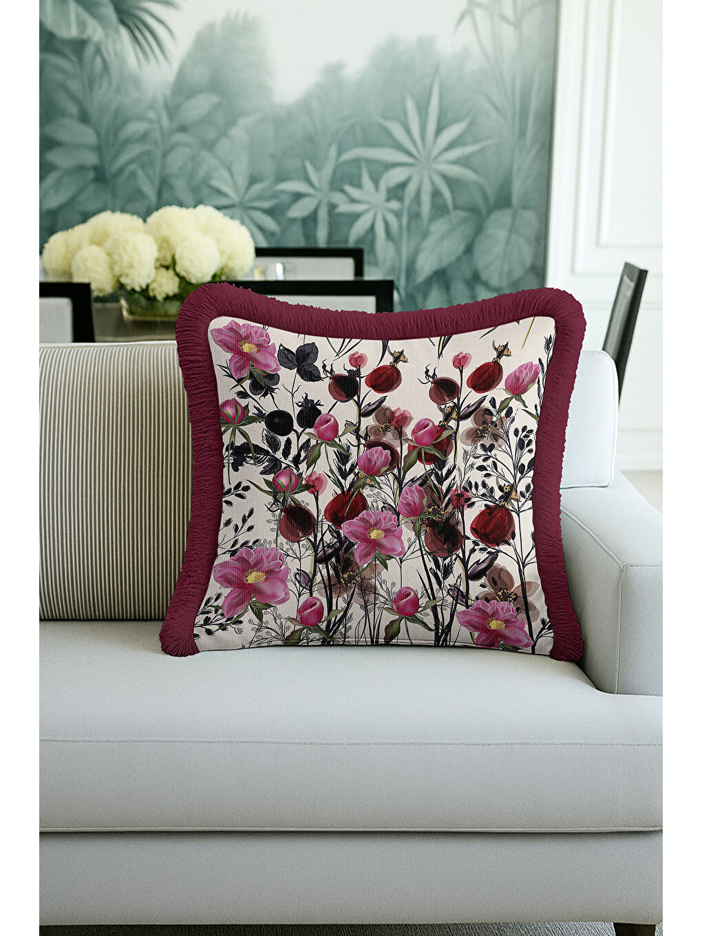 Karışık İhtişamlı Çiçek Bahçesi Saçaklı Yastık Kılıfı - Zarif Botanik Rustik Bordo Püsküllü Kırlent Kılıfı-3