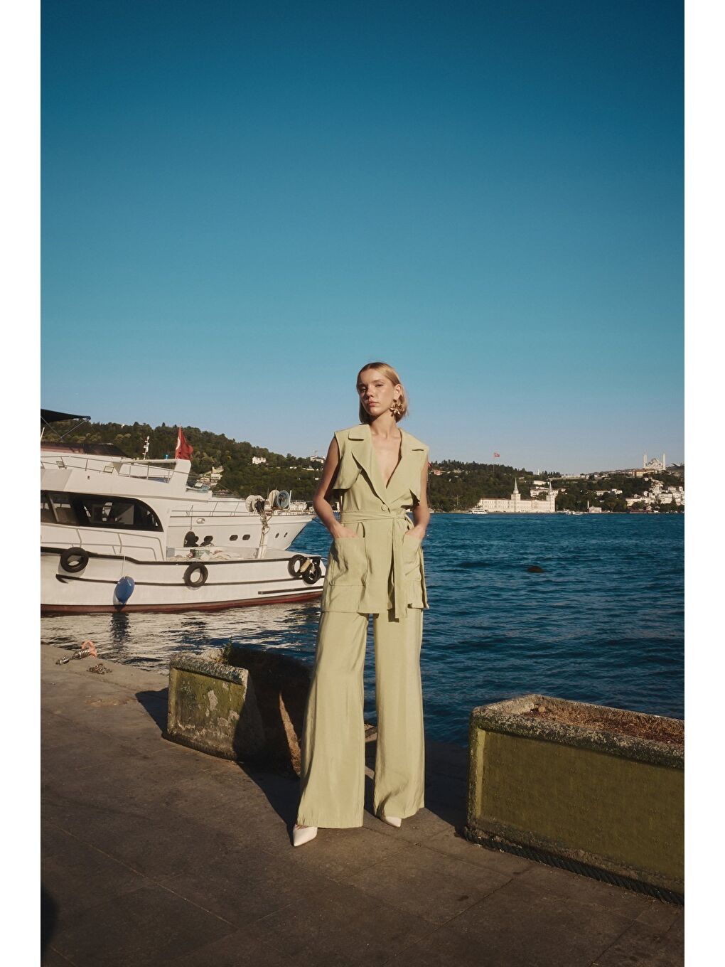 Yüksek Bel Keten Pantolon - Yağ Yeşili-1