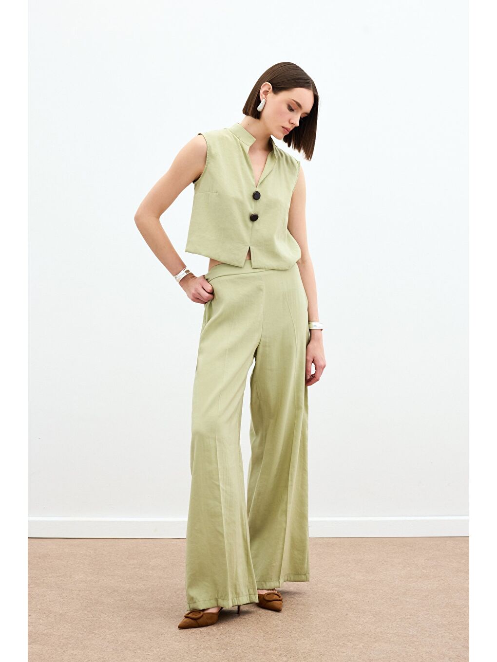 Yüksek Bel Keten Pantolon - Yağ Yeşili-2