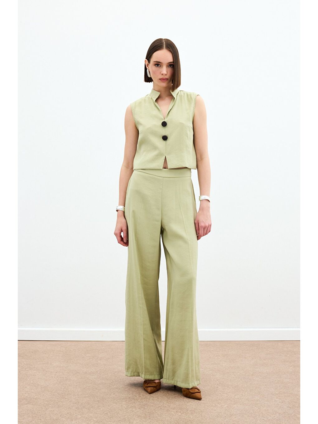 Yüksek Bel Keten Pantolon - Yağ Yeşili-3