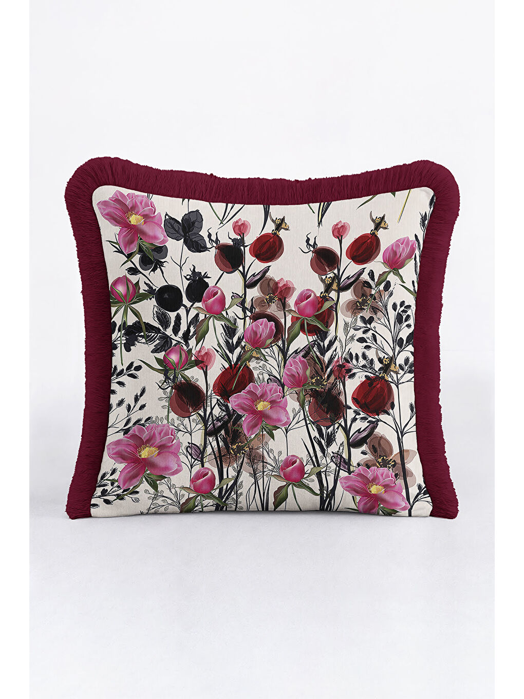 Karışık İhtişamlı Çiçek Bahçesi Saçaklı Yastık Kılıfı - Zarif Botanik Rustik Bordo Püsküllü Kırlent Kılıfı-4