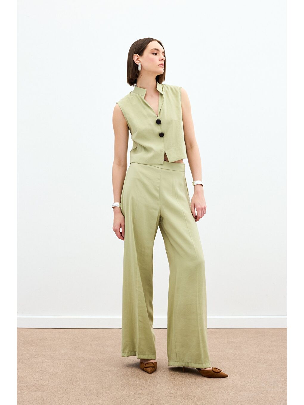 Yüksek Bel Keten Pantolon - Yağ Yeşili-4