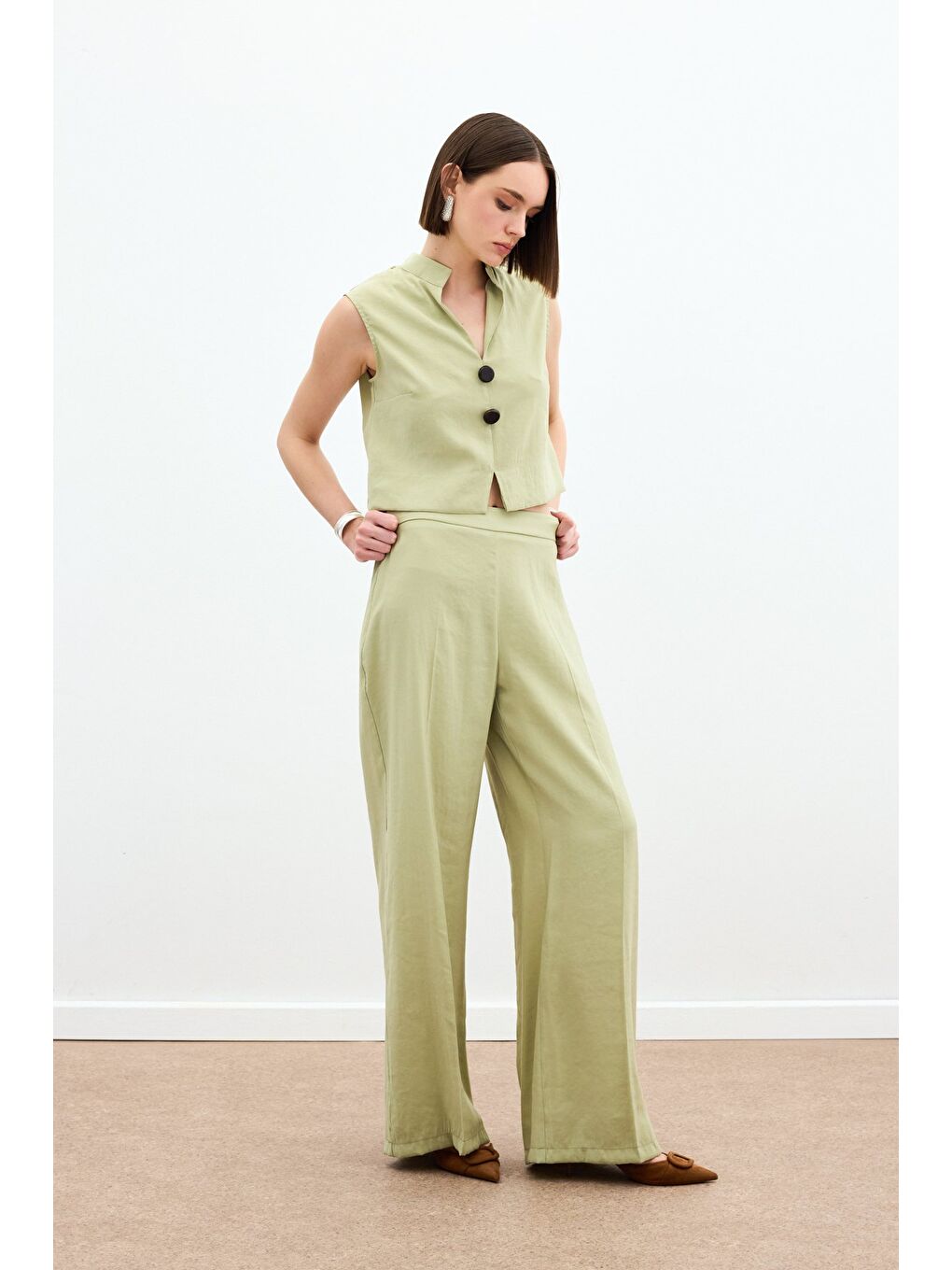 Yüksek Bel Keten Pantolon - Yağ Yeşili-5