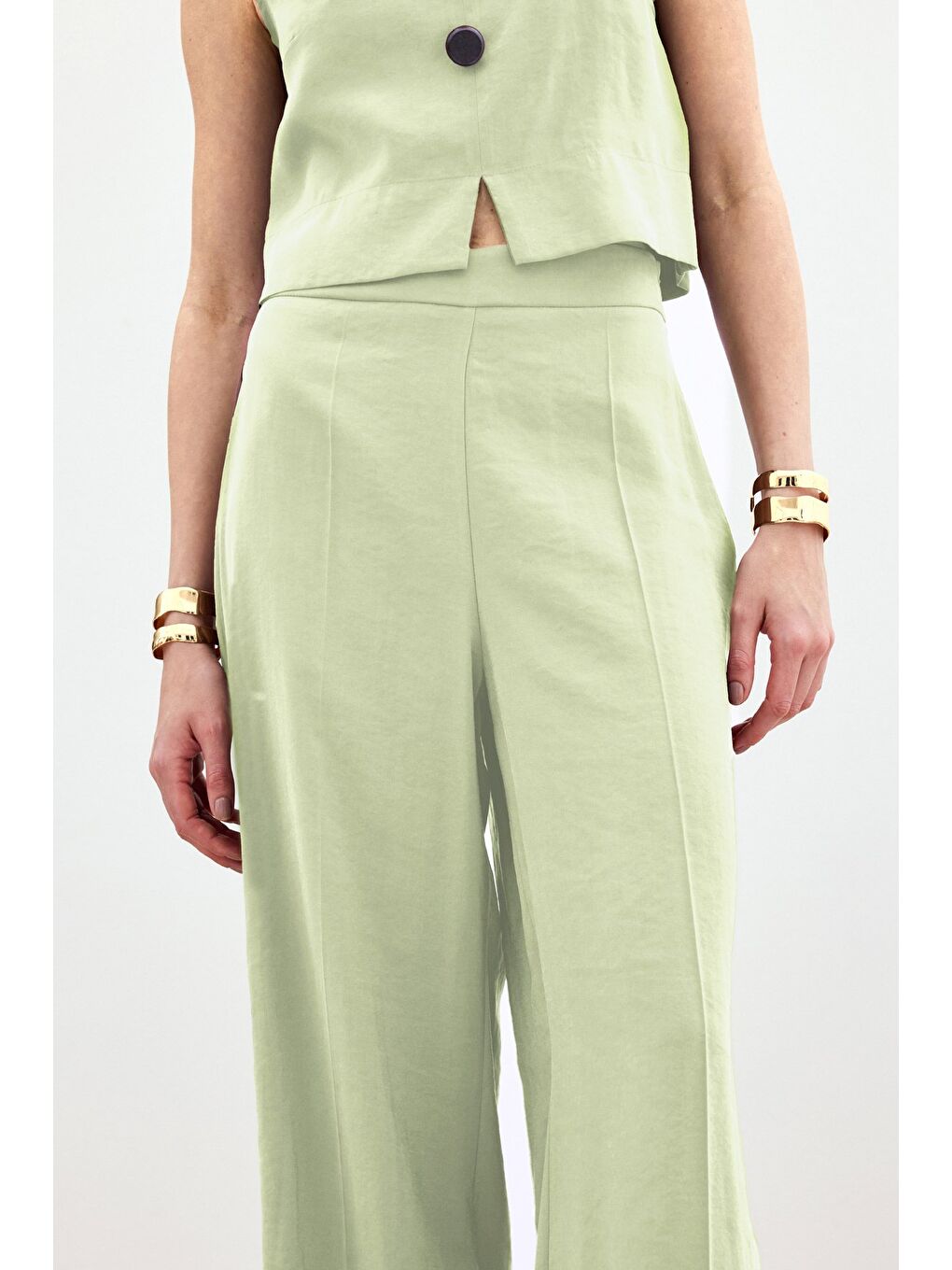 Yüksek Bel Keten Pantolon - Yağ Yeşili-6