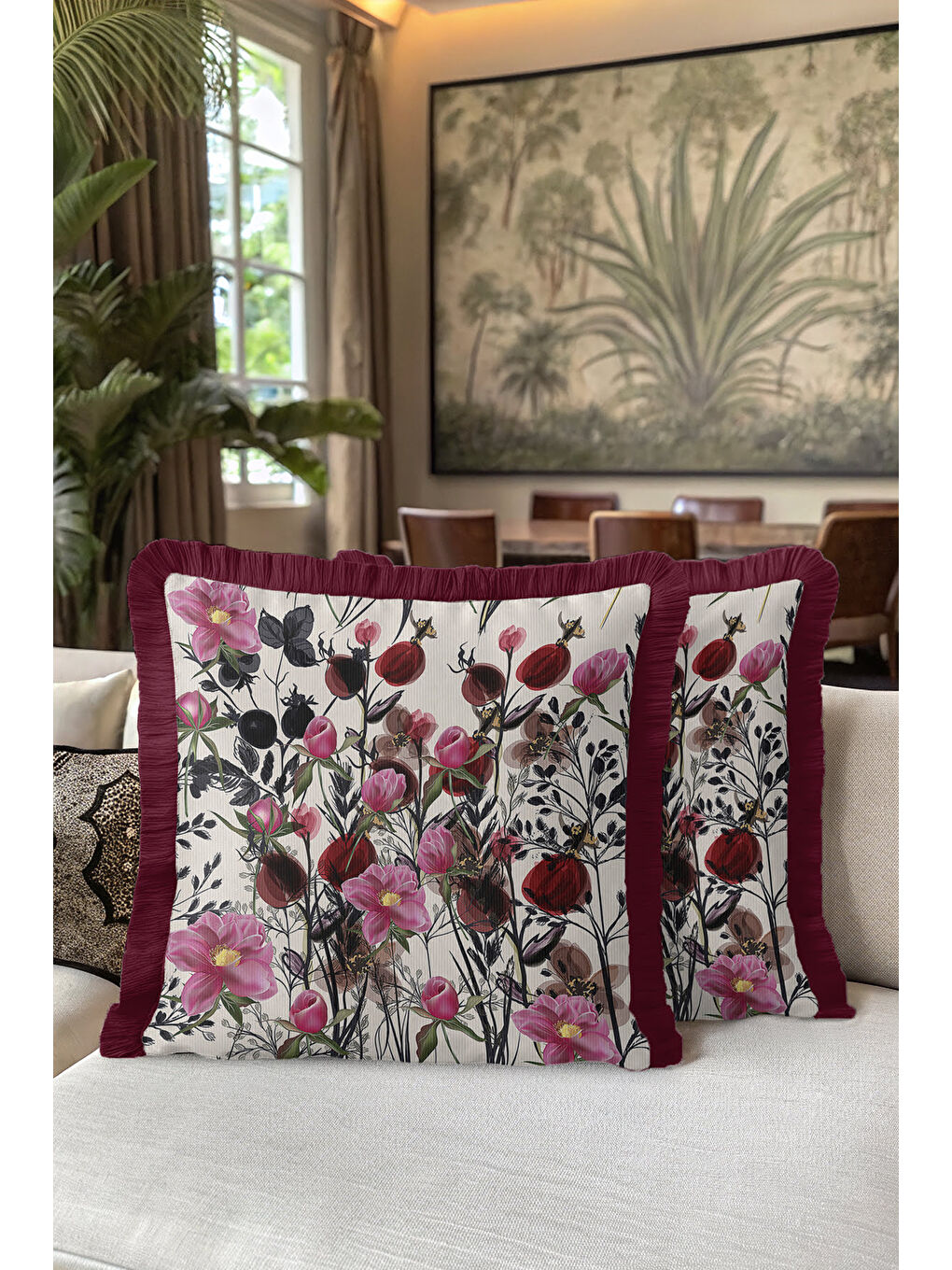 Karışık İhtişamlı Çiçek Bahçesi Saçaklı Yastık Kılıfı - Zarif Botanik Rustik Bordo Püsküllü Kırlent Kılıfı-5