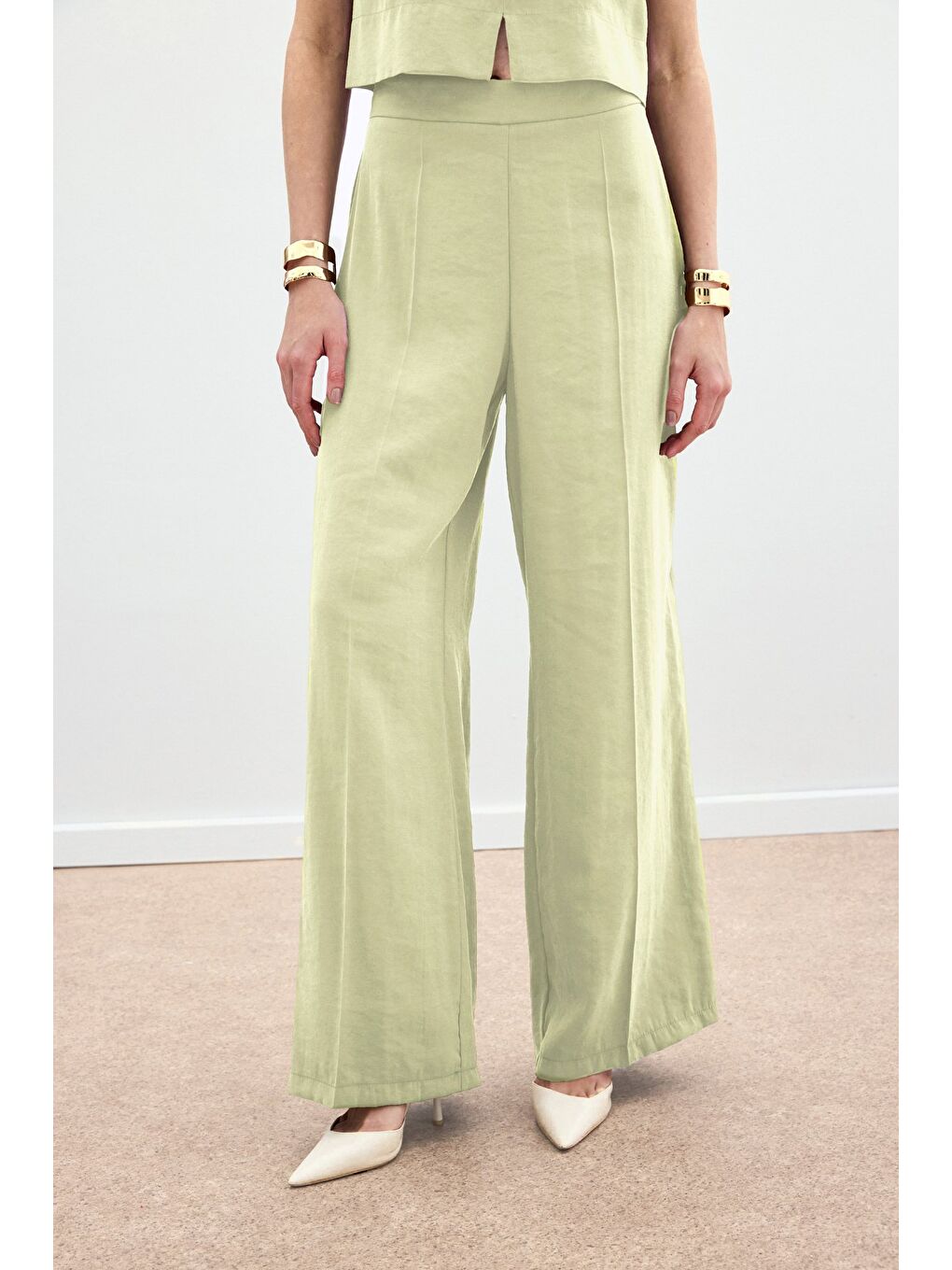 Yüksek Bel Keten Pantolon - Yağ Yeşili-7