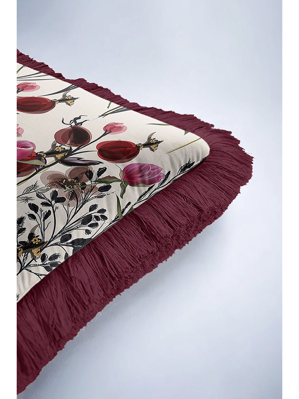Karışık İhtişamlı Çiçek Bahçesi Saçaklı Yastık Kılıfı - Zarif Botanik Rustik Bordo Püsküllü Kırlent Kılıfı-6