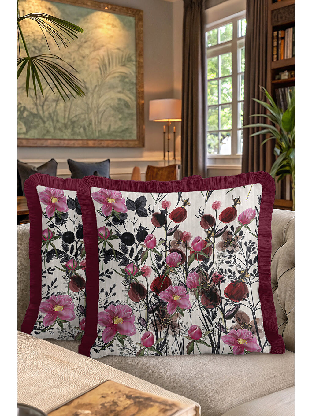 Karışık İhtişamlı Çiçek Bahçesi Saçaklı Yastık Kılıfı - Zarif Botanik Rustik Bordo Püsküllü Kırlent Kılıfı-7