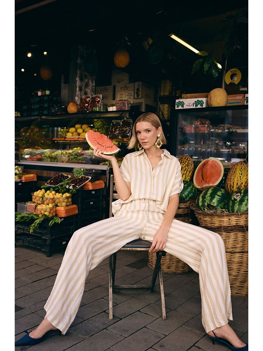 Çizgili Kısa Kol Gömlek - Bej-1