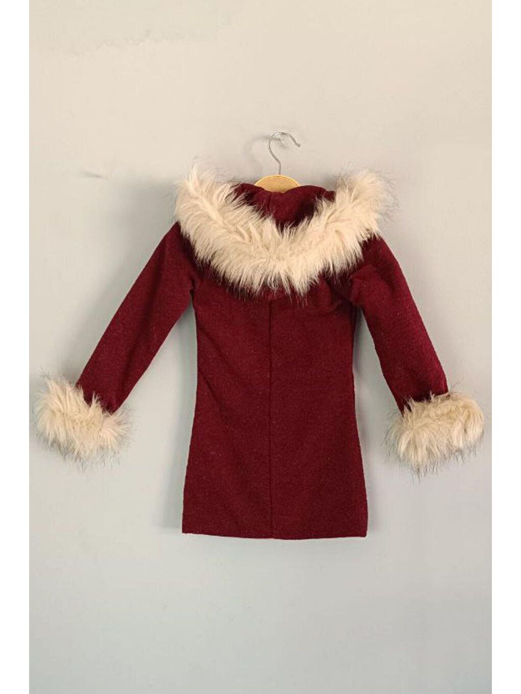 Kız Çocuk Çift Cepli Kürk Detaylı Bordo Kaşe Kaban-1