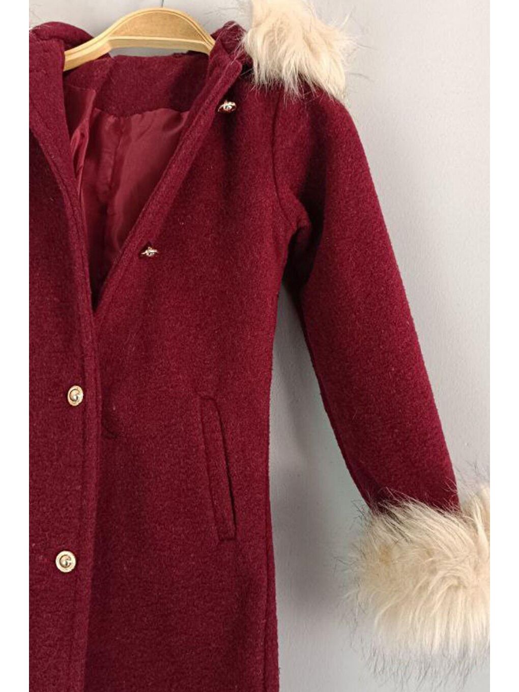 Kız Çocuk Çift Cepli Kürk Detaylı Bordo Kaşe Kaban-2