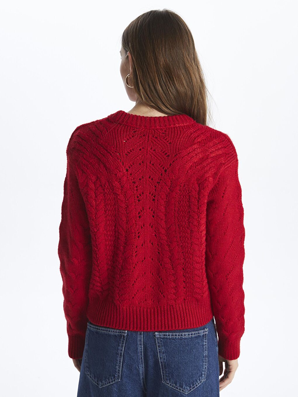 Moskova - Bisiklet Yaka Yumuşak Dokulu Saç Örgü Desenli Triko Kazak  - Kırmızı Renk-4