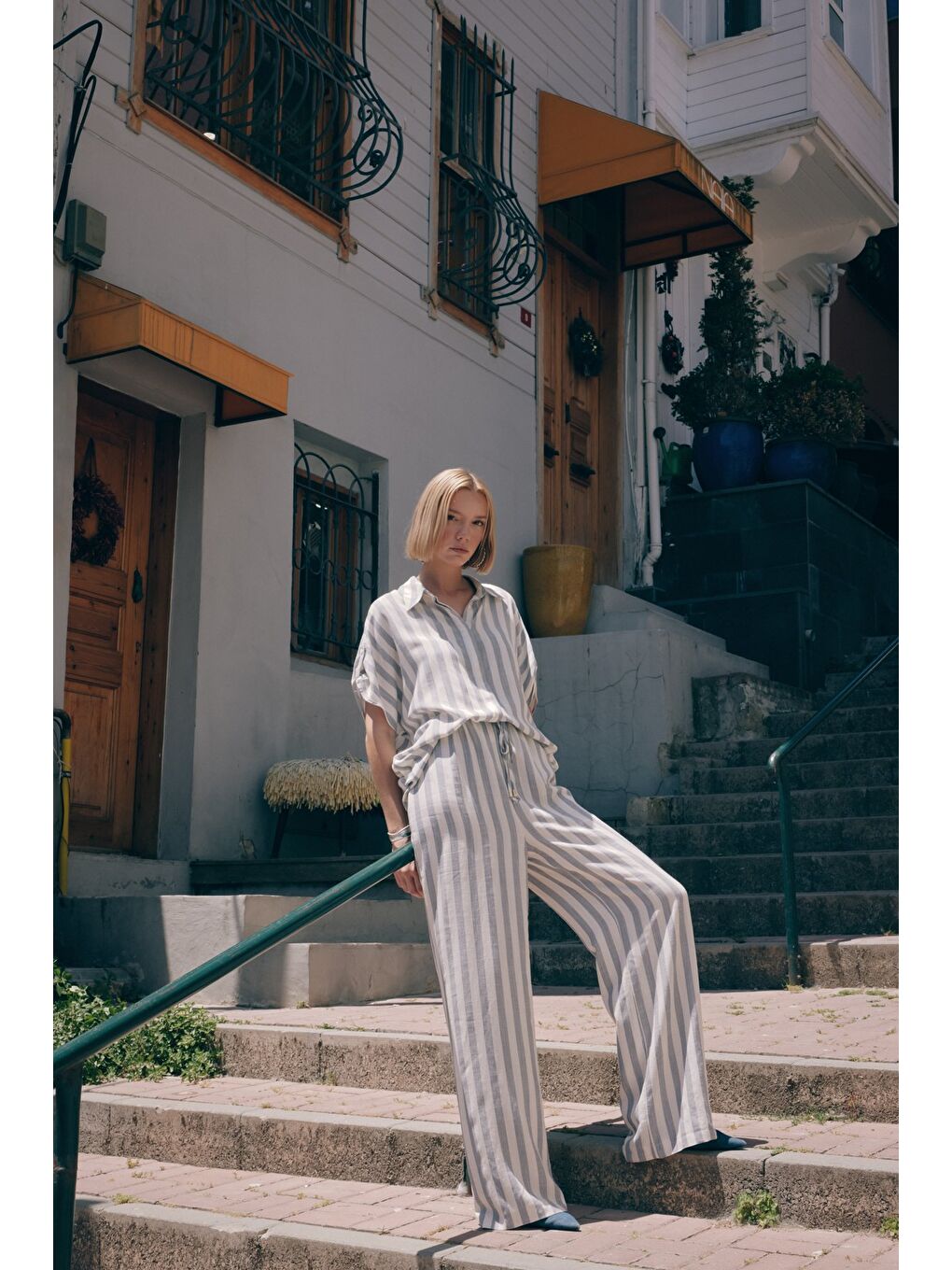 Çizgili Keten Karışımlı Pantolon - Lacivert-1