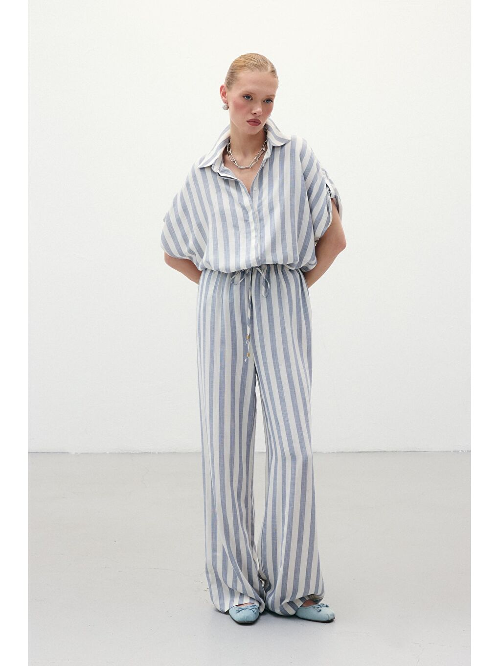 Çizgili Keten Karışımlı Pantolon - Lacivert-2