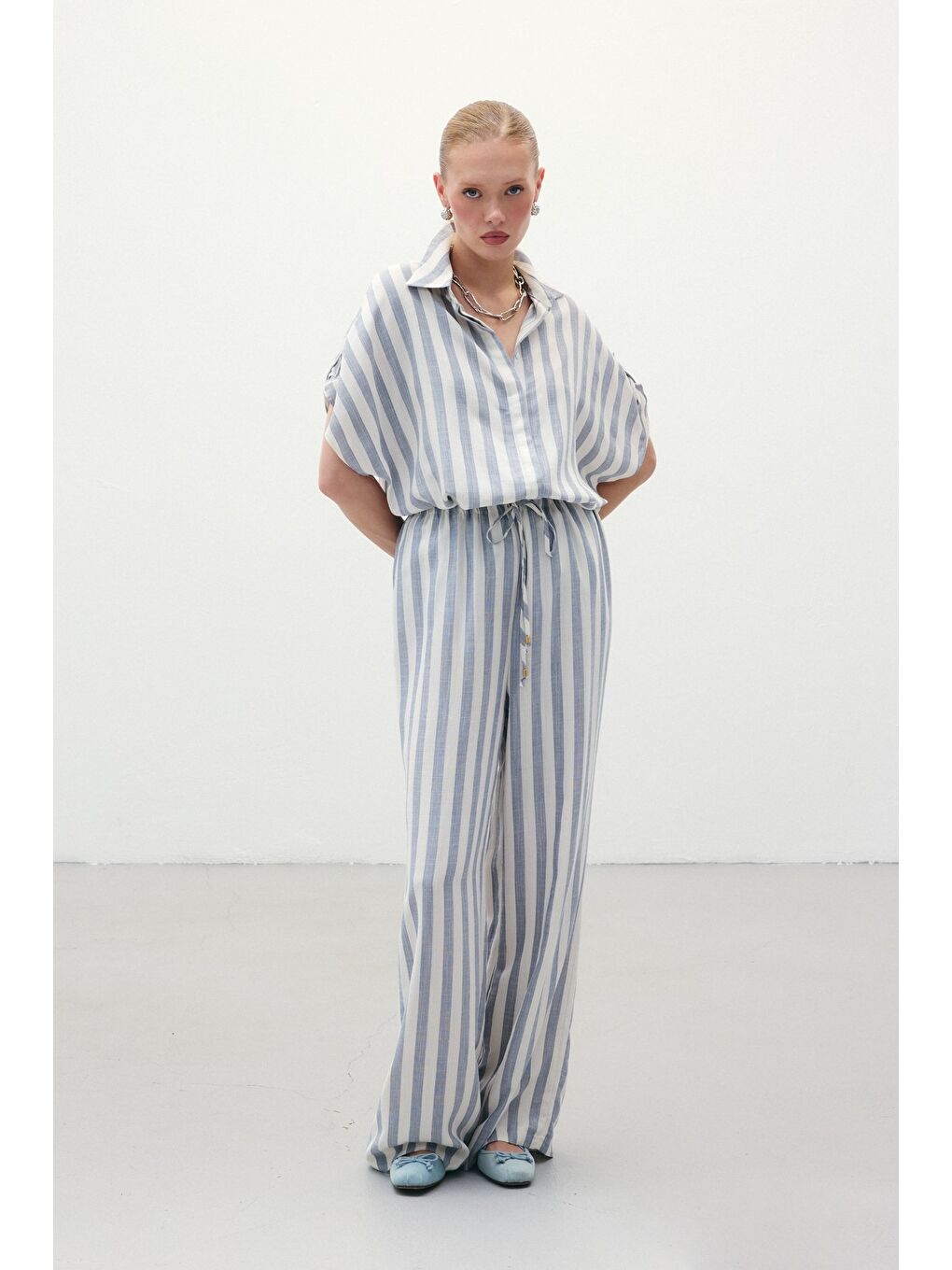 Çizgili Keten Karışımlı Pantolon - Lacivert-3