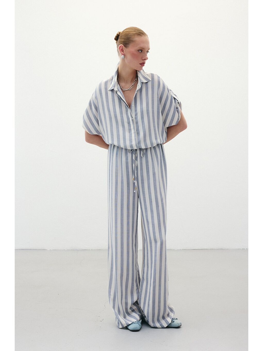 Çizgili Keten Karışımlı Pantolon - Lacivert-4