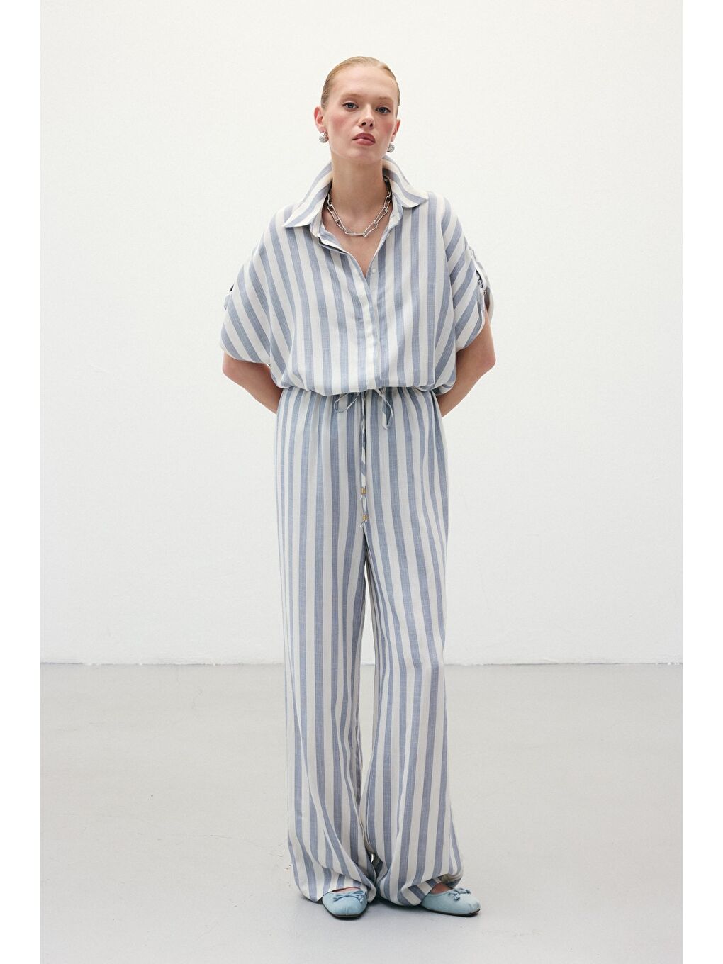 Çizgili Keten Karışımlı Pantolon - Lacivert-5