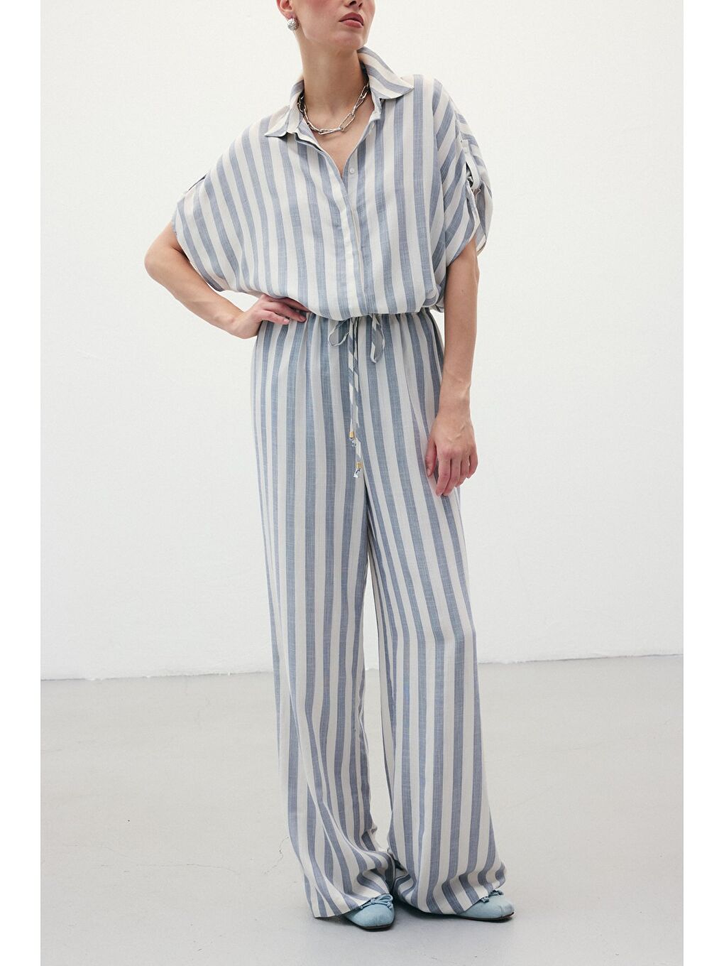 Çizgili Keten Karışımlı Pantolon - Lacivert-6