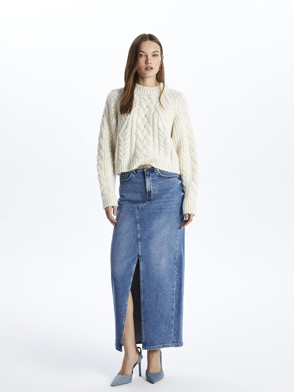 Napoli - Bisiklet Yaka Yumuşak Dokulu Saç Örgü Desenli Triko Kazak  - Ekru Renk-1