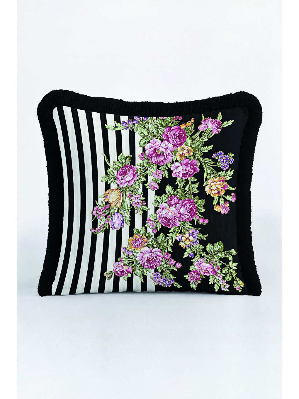 Karışık Zarif Çiçekli Lüks Saçaklı Yastık Kılıfı - Çizgili Bohem Siyah Mor Püsküllü Kırlent Kılıfı-1