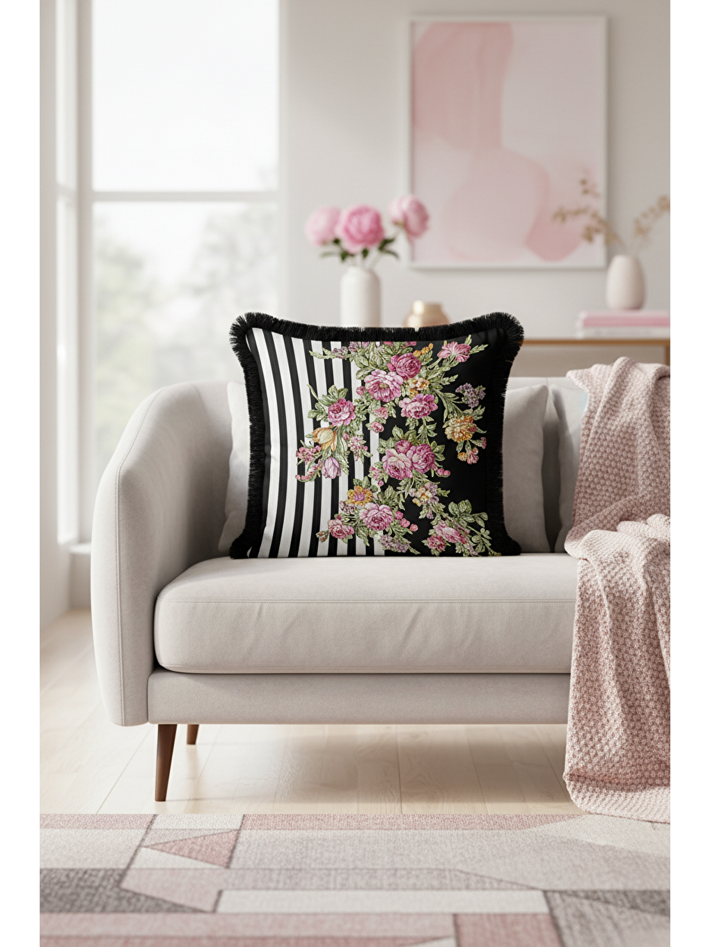 Karışık Zarif Çiçekli Lüks Saçaklı Yastık Kılıfı - Çizgili Bohem Siyah Mor Püsküllü Kırlent Kılıfı-2