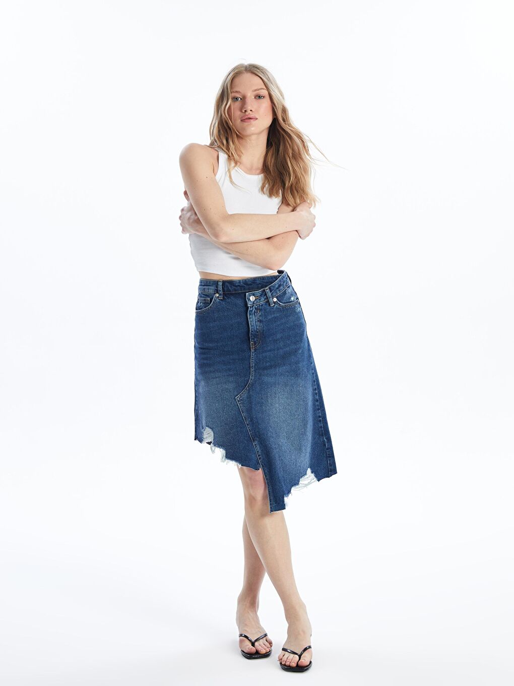 Dexia Mavi Udine - Denim Asimetrik Kesim Paçası Dikişsiz Etek - Mid Dark - 1