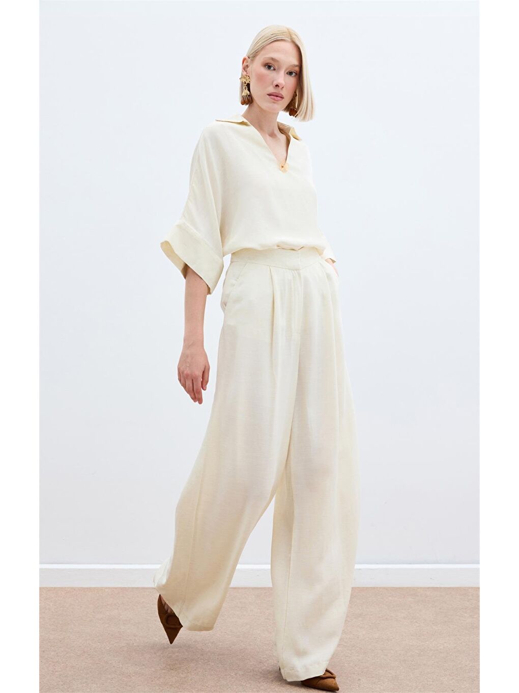 Bej Keten Karışımlı Pantolon - Taş-4