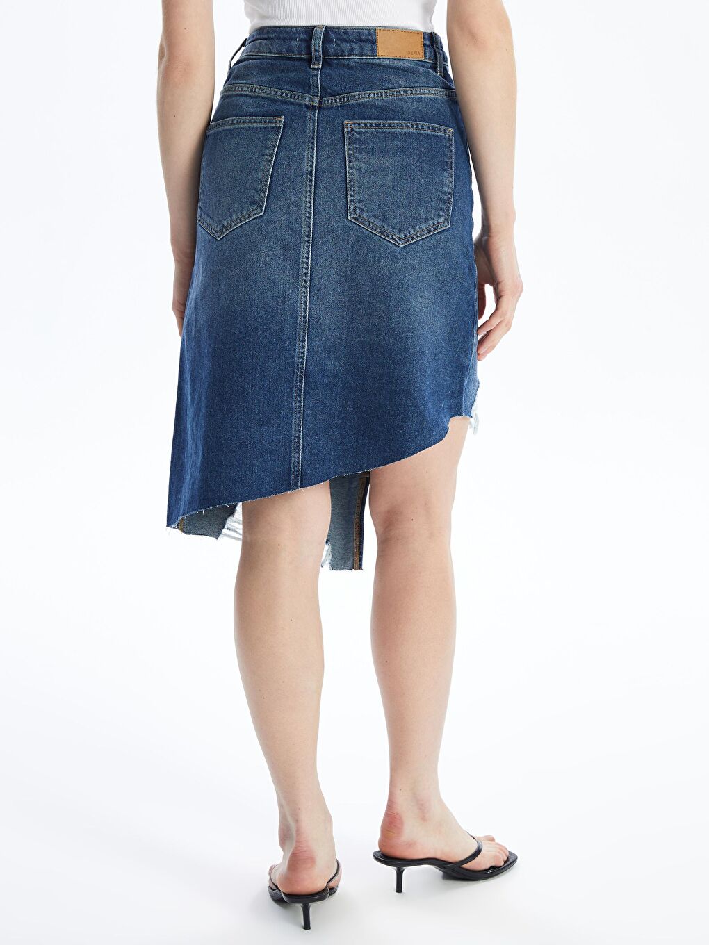 Dexia Mavi Udine - Denim Asimetrik Kesim Paçası Dikişsiz Etek - Mid Dark - 4