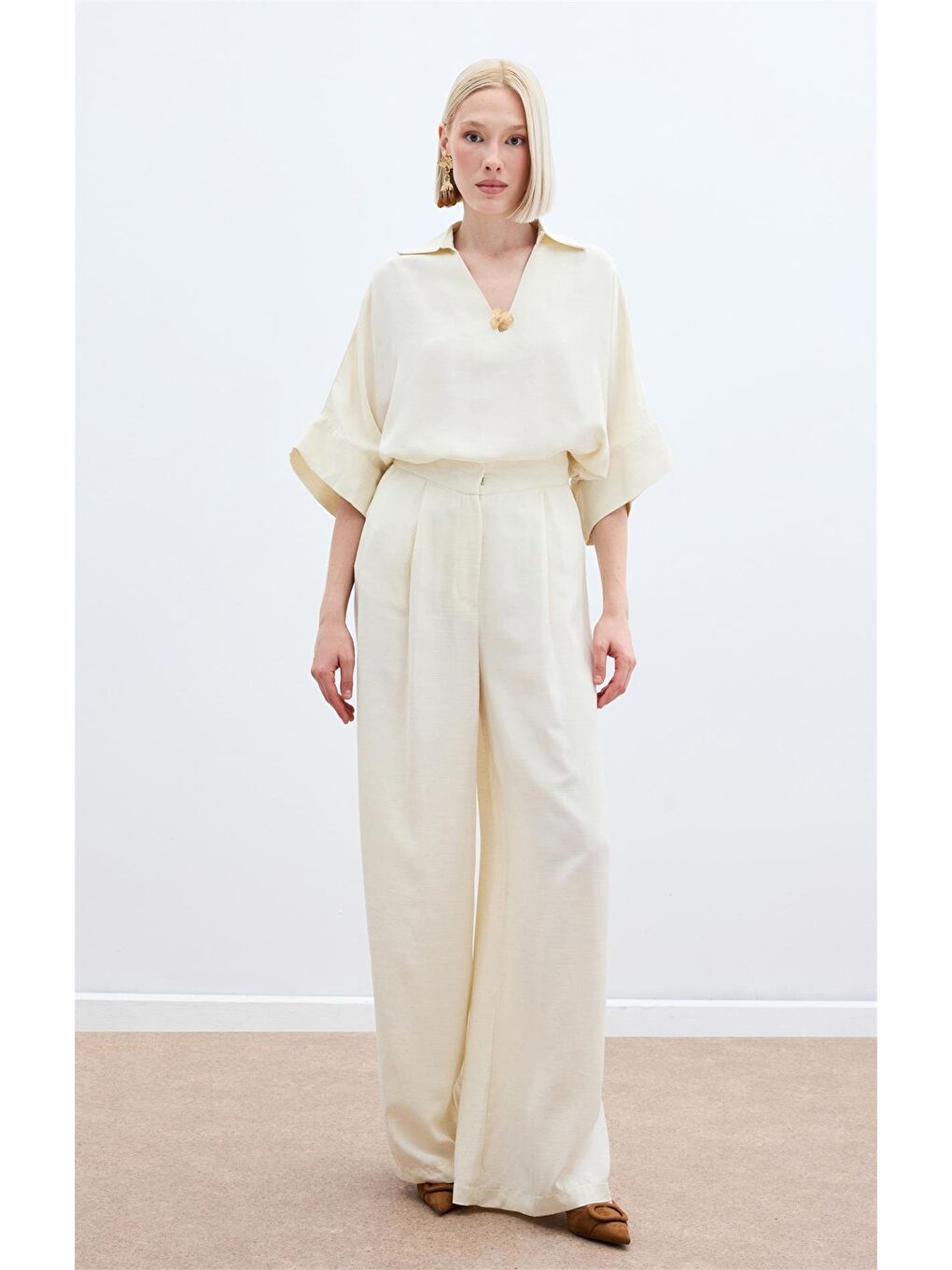 Bej Keten Karışımlı Pantolon - Taş-5