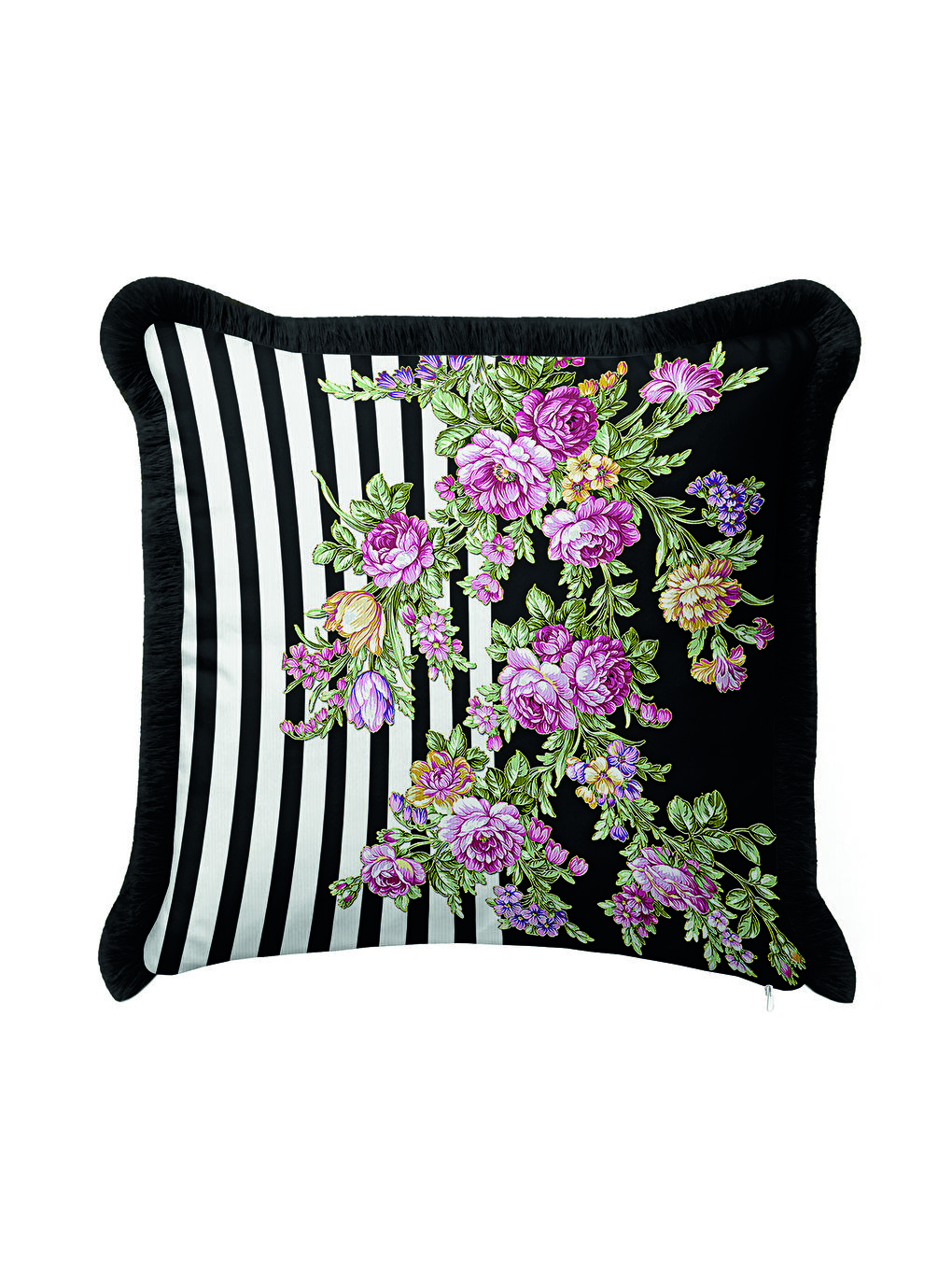 Karışık Zarif Çiçekli Lüks Saçaklı Yastık Kılıfı - Çizgili Bohem Siyah Mor Püsküllü Kırlent Kılıfı-3