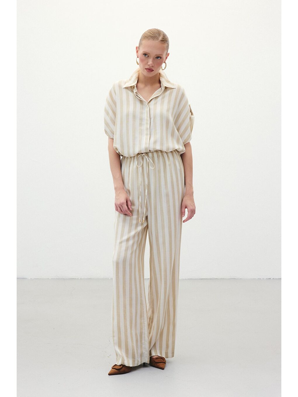 Çizgili Keten Karışımlı Pantolon - Bej-2