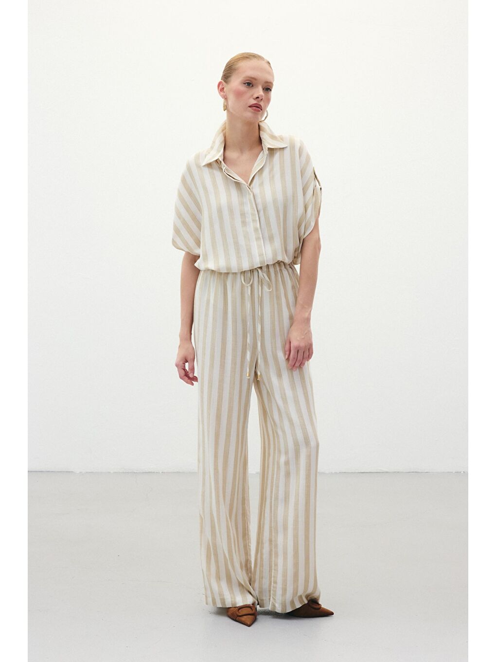 Çizgili Keten Karışımlı Pantolon - Bej-3