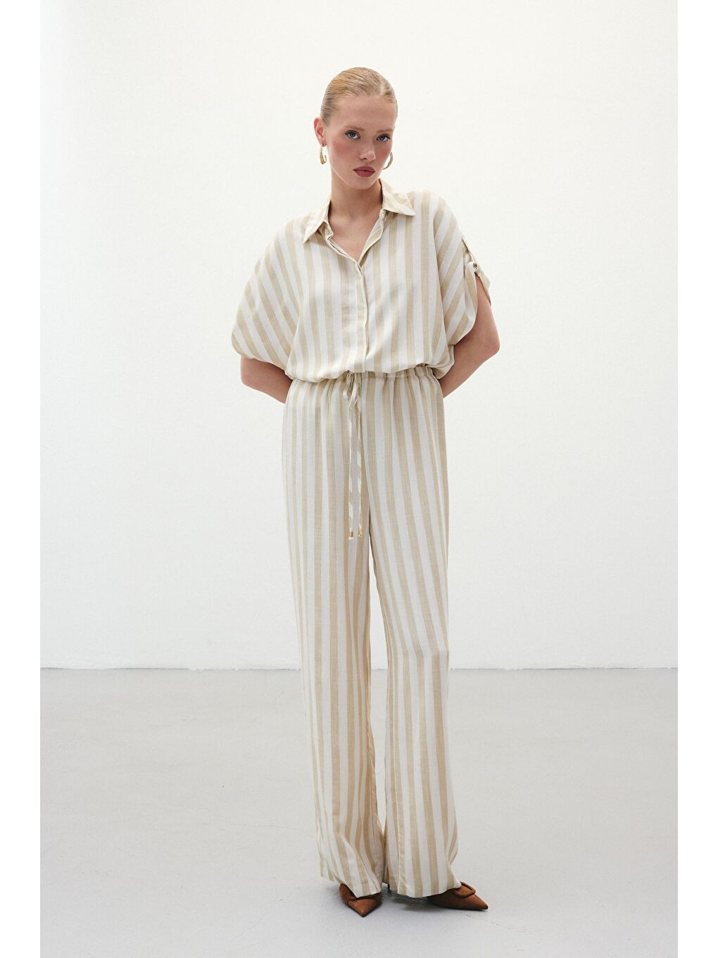 Çizgili Keten Karışımlı Pantolon - Bej-4