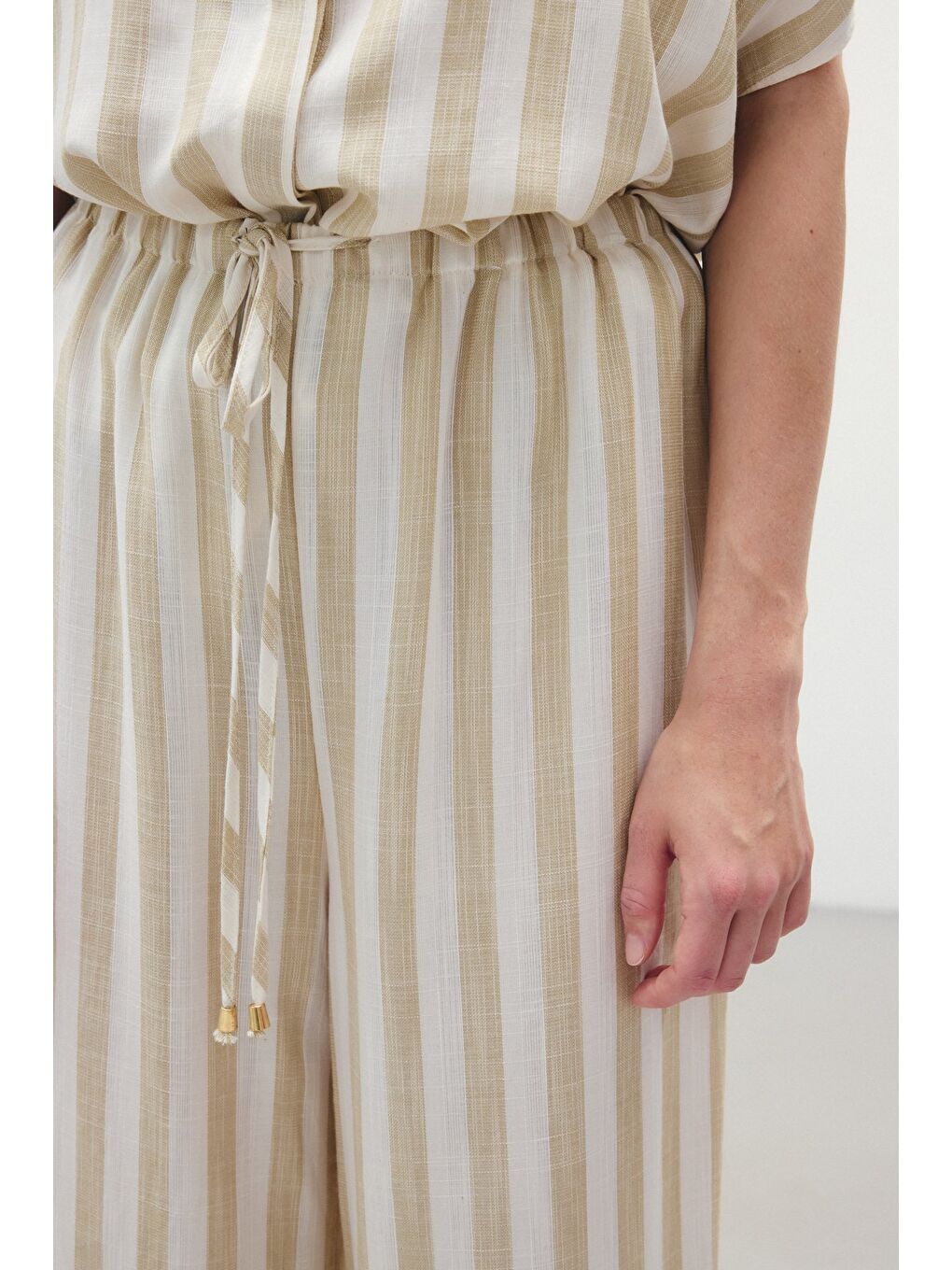 Çizgili Keten Karışımlı Pantolon - Bej-5