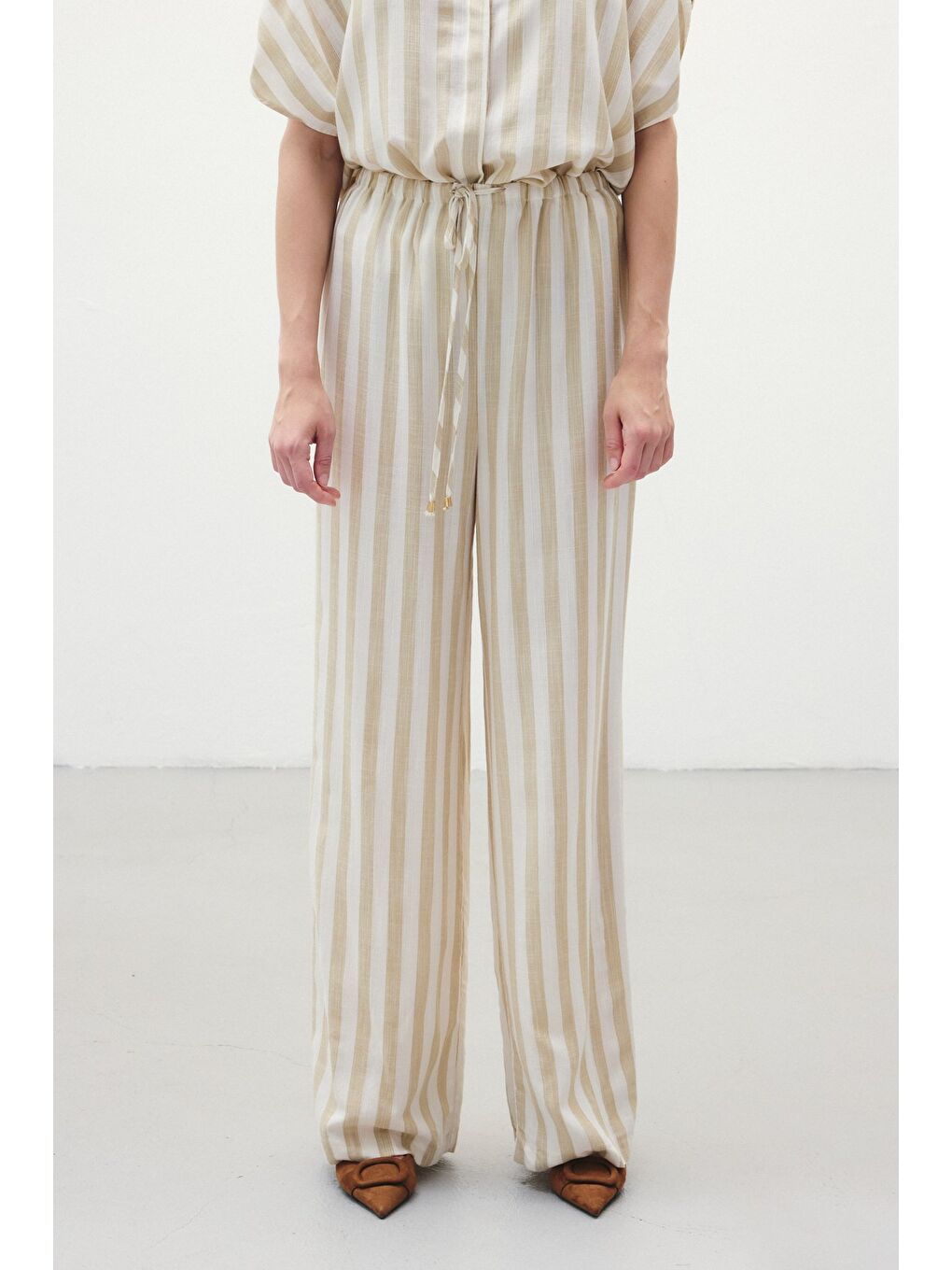 Çizgili Keten Karışımlı Pantolon - Bej-6