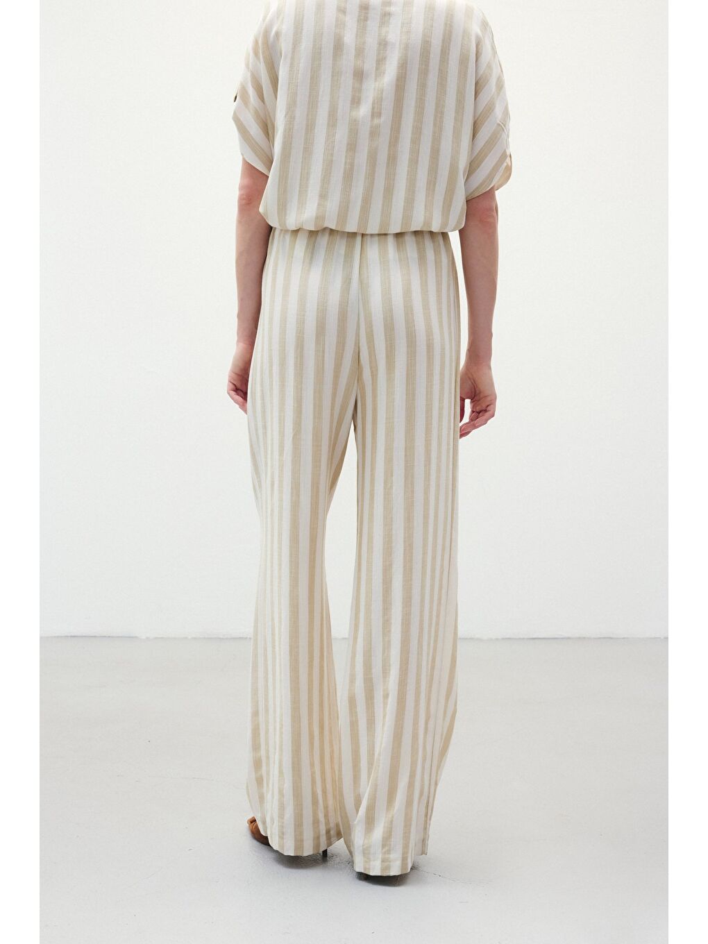 Çizgili Keten Karışımlı Pantolon - Bej-7
