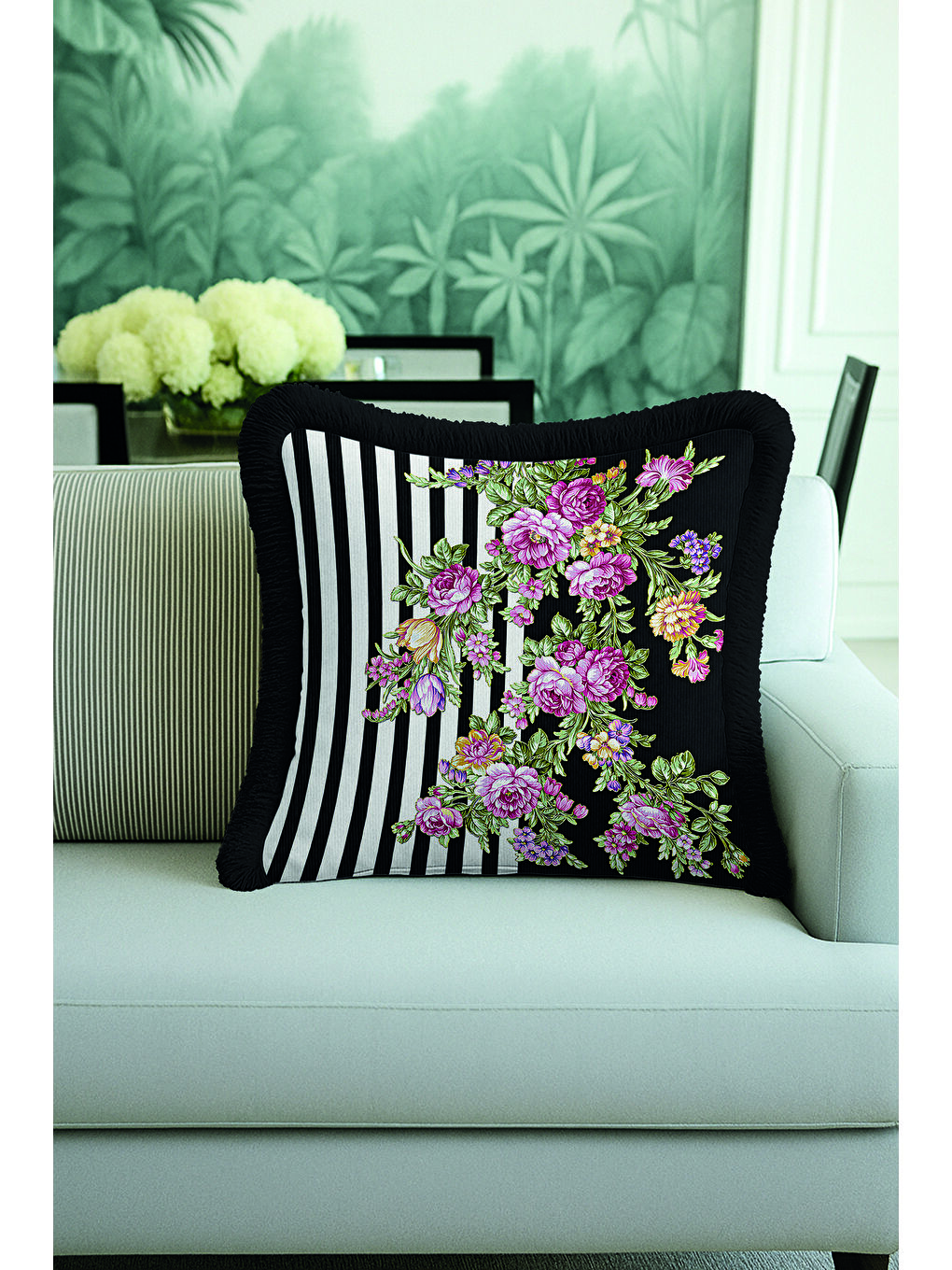 Karışık Zarif Çiçekli Lüks Saçaklı Yastık Kılıfı - Çizgili Bohem Siyah Mor Püsküllü Kırlent Kılıfı-4