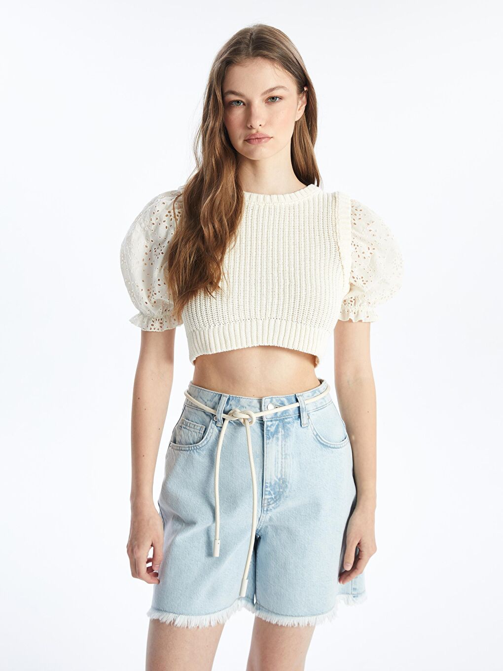 Katanya - Örgü Detaylı Yarım Kol Crop Fit İnce Triko - Ekru Renk-2