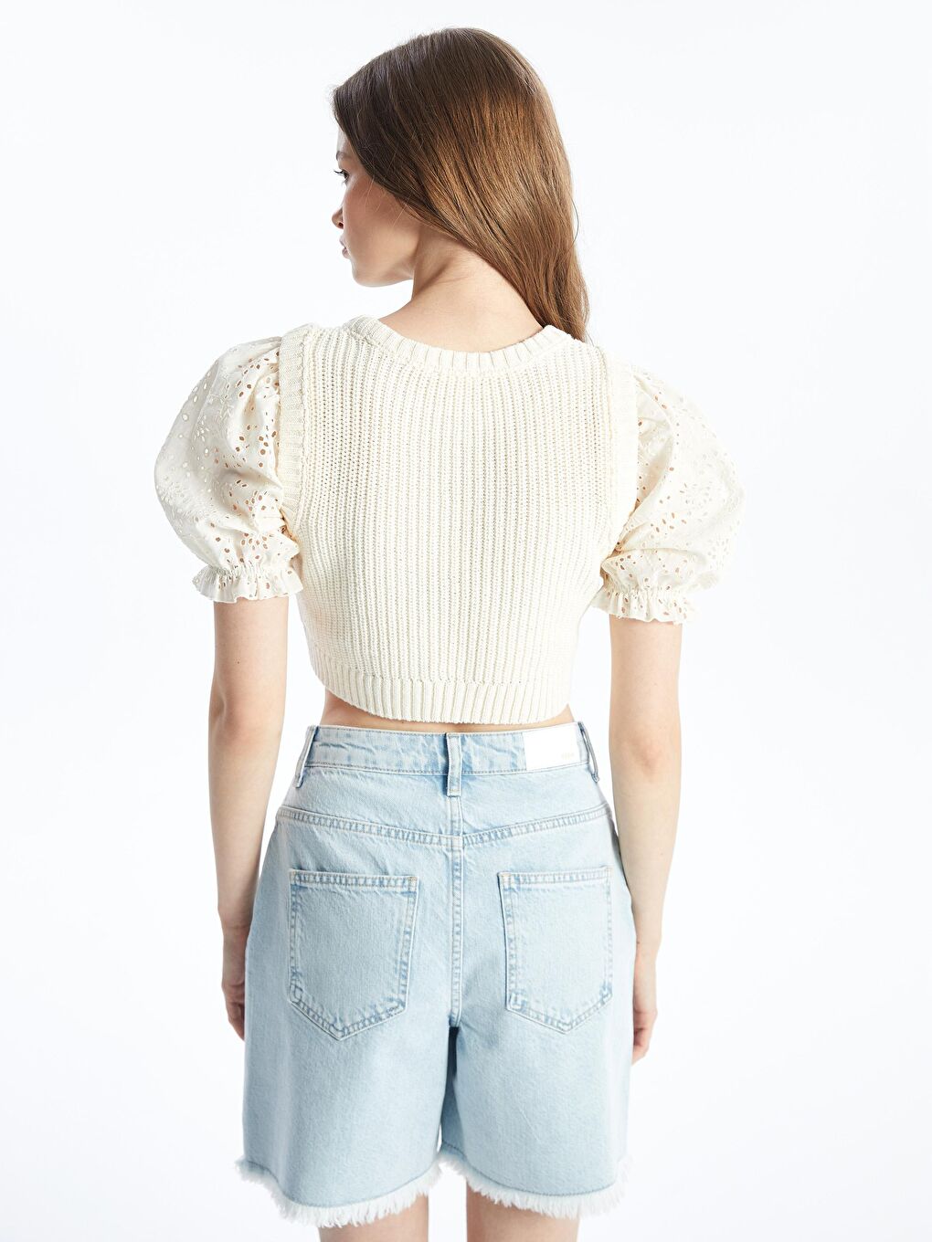 Katanya - Örgü Detaylı Yarım Kol Crop Fit İnce Triko - Ekru Renk-4